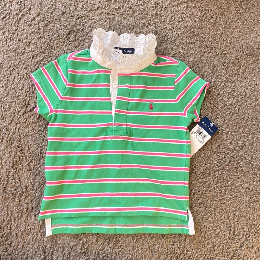 Ralph Lauren Green and White Striped Kids Tee